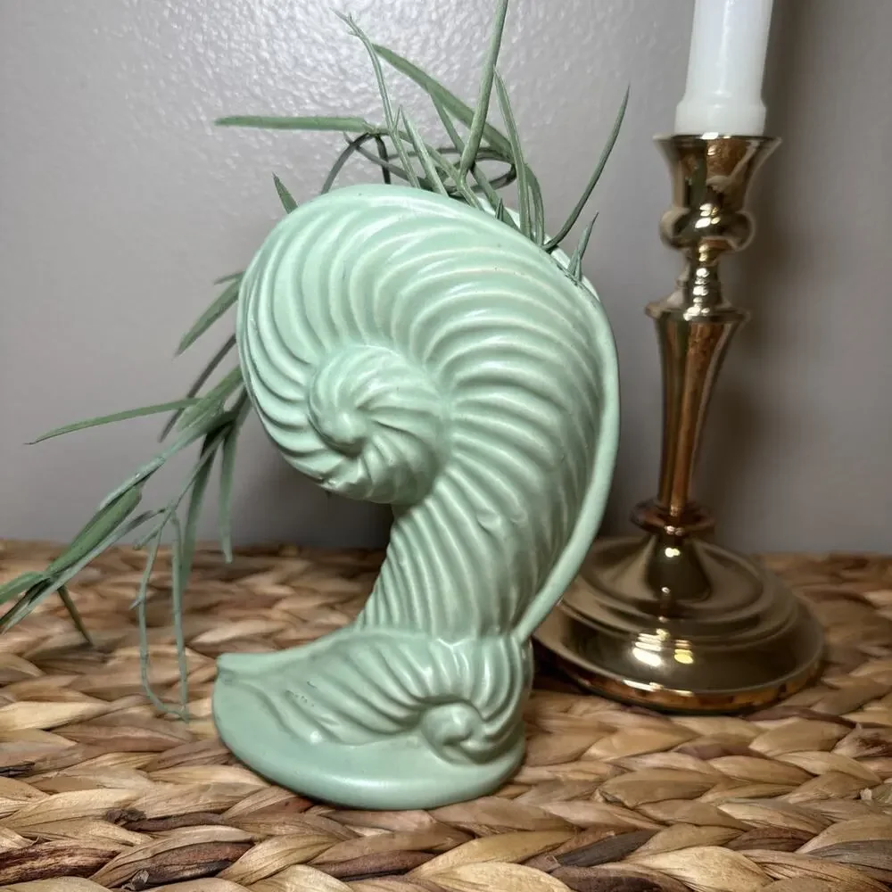 MCM Mint Green Nautilus Shell Vase Fiddlehead Fern Style Matte Pottery Decor